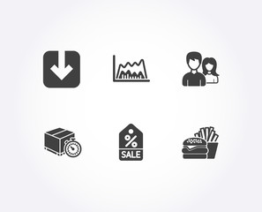 Set of Load document, Sale coupon and Trade chart icons. Delivery timer, Teamwork and Burger signs. Download arrowhead, Discount tag, Market data. Express logistics, Man with woman, Cheeseburger