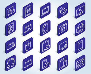 Mobile Devices line icons. Set of Laptop, Tablet PC and Smartphone signs. HDD, SSD and Flash drives. Headphones, Printer and Mouse symbols. Chat speech bubbles. Flat design isometric buttons. Vector