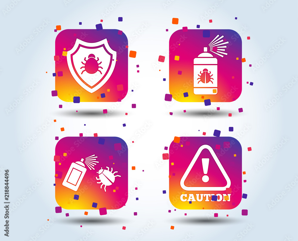 Aufkleber bug disinfection icons. caution attention and shield symbols. insect fumigation spray sign. colour g
