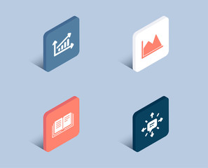 Set of Education, Chart and Line chart icons. Sms sign. Instruction book, Financial graph, Conversation.  3d isometric buttons. Flat design concept. Vector