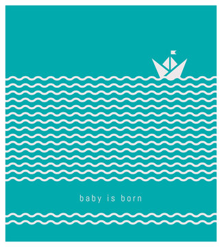 faire-part de naissance, carte pour célébrer l'arrivée d'un bébé, marin, océan, bateau, navire, vague, bleu