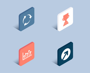 Set of Recycle, Growth chart and Award cup icons. Direction sign. Recycling waste, Upper arrows, Trophy. Navigation pointer.  3d isometric buttons. Flat design concept. Vector