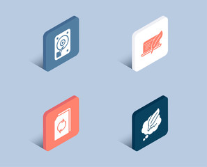 Set of Update document, Hdd and Copyright laptop icons. Ð¡opyright chat sign. Refresh file, Hard disk, Writer device. Speech bubble.  3d isometric buttons. Flat design concept. Vector