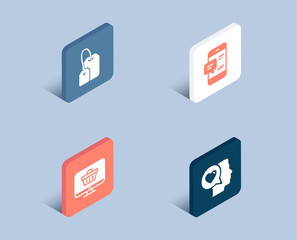 Set of Smartphone notification, Web shop and Tea bag icons. Romantic talk sign. Chat message, Shopping cart, Brew hot drink. Love chat.  3d isometric buttons. Flat design concept. Vector