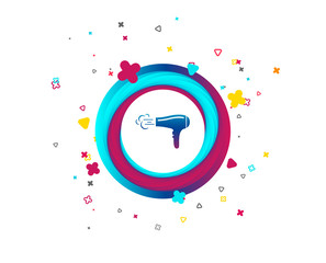 Hairdryer sign icon. Hair drying symbol. Blowing hot air. Turn on. Colorful button with icon. Geometric elements. Vector