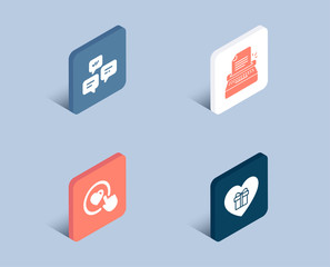 Set of Chat messages, Like button and Typewriter icons. Romantic gift sign. Communication, Press love, Writer machine. Surprise with love.  3d isometric buttons. Flat design concept. Vector