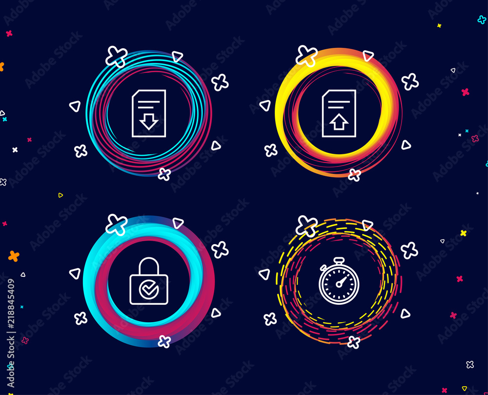 Poster set of password encryption, upload file and download file icons. timer sign. protection locker, load