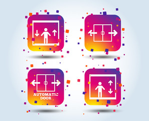 Automatic door icons. Elevator symbols. Auto open. Person symbol with up and down arrows. Colour gradient square buttons. Flat design concept. Vector