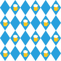 Munich beer festival flags and glass of beer seamless pattern. Oktoberfet background, vector illustration.