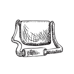 Messenger type bag with long handle, isolated hand drawn black and white outline doodle, sketch, vector illustration