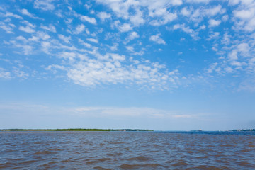Meeting of Waters. Brazilian rivers confluence from Manaus