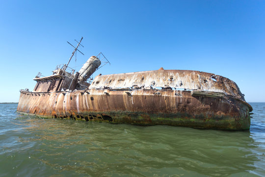 Abandoned Tuzla tug boat shipwreck in Sacalin peninsula in Danube Delta, Romania