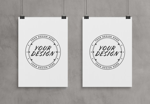 2 Vertical Hanging Posters Isolated on Wall Mockup