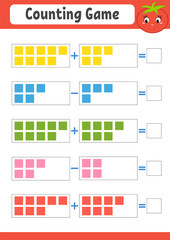 Counting game for children. Addition and subtraction. Activity worksheet. A simple flat vector illustration with a cute character. With a place to write answers.