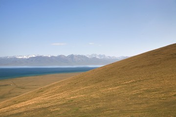  The beautiful scenic at Song kul lake ,  Naryn with the Tian Shan mountains of Kyrgyzstan
