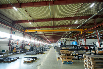 Wide angle shot of empty factory warehouse, copy space