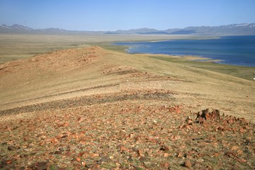  The beautiful scenic at Song kul lake ,  Naryn with the Tian Shan mountains of Kyrgyzstan