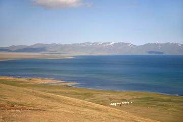  The beautiful scenic at Song kul lake ,  Naryn with the Tian Shan mountains of Kyrgyzstan