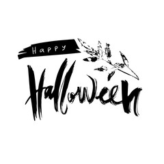 Happy halloween. Black and white calligraphy. Vector lettering with leaf stamp