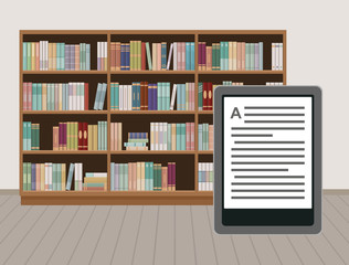 E-book reader device on bookshelves background. Alternative for traditional books. Vector illustration.
