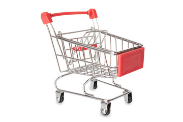 Red shopping cart or empty supermarket cart isolated on white background with clipping path