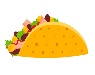Cute colorful mexican taco symbol. Cartoon flat tacos icon for fast food restaurant or cafe menu, advertisement, banners, stickers, logo design