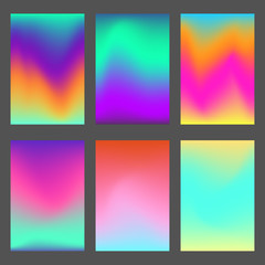 Set of bright mesh wavy dynamic gradiented ui backgrounds. Trendy vibrant sunrise, shiny polar lights gradients for smartphone screen wallpaper, mobile apps, web design