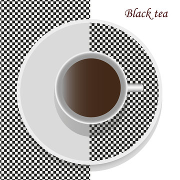 Cup with black tea on a chessboard background