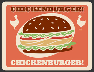 Chickenburger fast food vector retro poster
