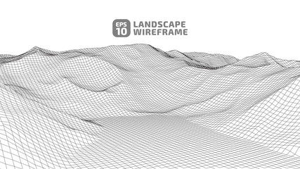 Abstract wireframe background. 3D grid technology illustration landscape. Digital Terrain Cyberspace in the Mountains with valleys. Data Array.