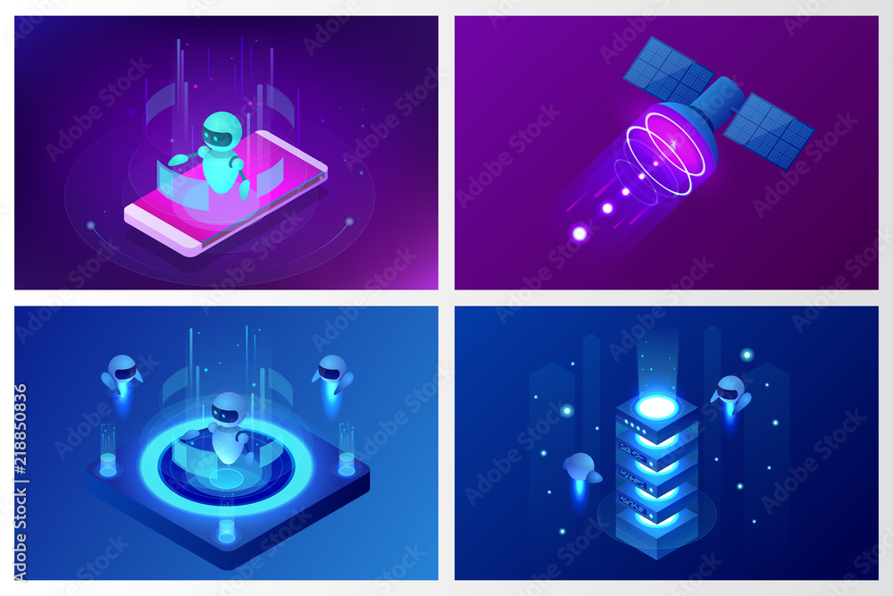 Poster isometric artificial intelligence concept. technology and engineering. teaching and learning in digi