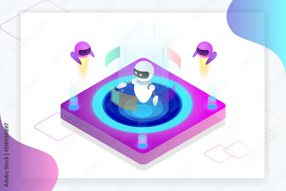 Poster isometric artificial intelligence concept. technology and engineering. teaching and learning in digi