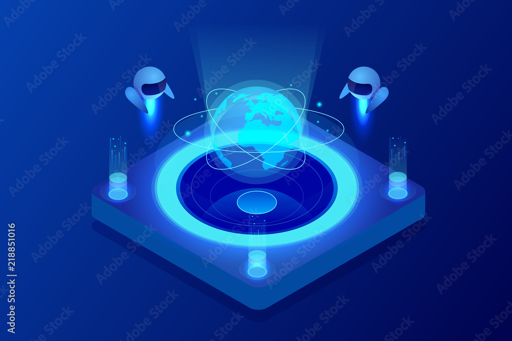Poster isometric artificial intelligence concept. technology and engineering. teaching and learning in digi