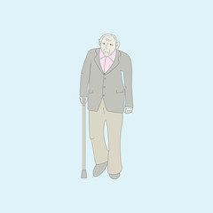 Obraz premium Old man walks with a stick. Active old man. Healthy old man who cares for himself. Doodle design. Vector design illustration. 