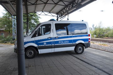 German police car stands on the station. Polizei is the german word for police