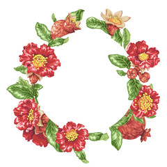 Bright red vector frames with big pomegranate flowers and fruits on the branches