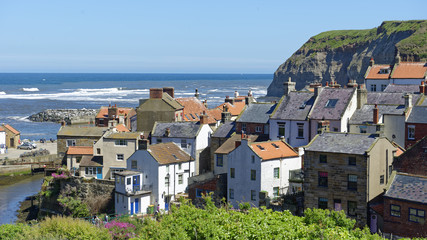  Overlook of iconic Noth Sea fishing village of Staithes in North Yorkshire, England