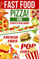 Fast food pizza, popcorn and fries snacks menu