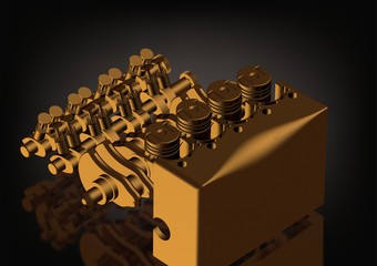 Gold dismantled car engine on a black