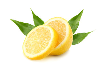 healthy food. lemon with slices and green leaf isolated on white background