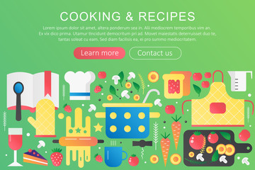 Vector trendy flat gradient color Cooking and recipes kitchen concept template banner with icons and text.