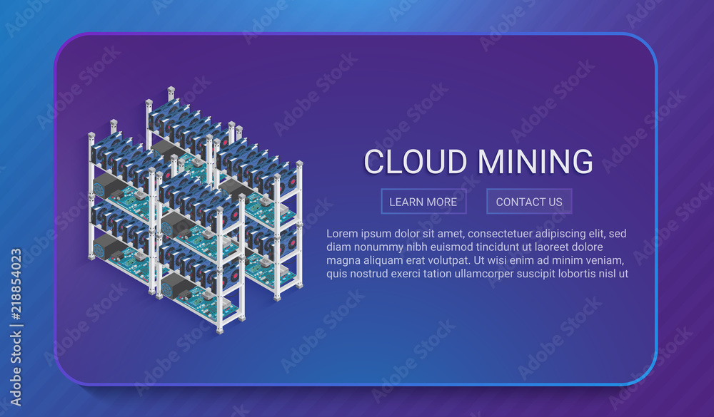 Poster 3d isometric digital currency or cryptocurrency mining farm vector concept in trendy soft gradient style.