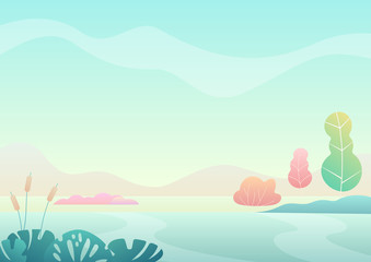 Fototapeta na wymiar Fantasy minimalistic summer field landscape with cartoon curved trees, trendy gradient color vector illustration.