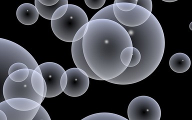 Dark background and light bubbles. Wallpaper, texture with balloons. 3D illustration