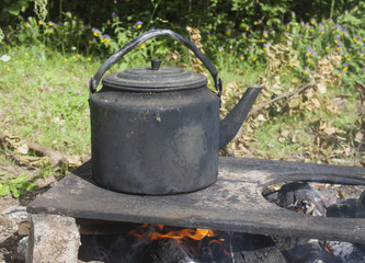 hike. kettle on the fire.