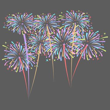 Fireworks rocket explodes in colored stars. Design element isolated on dark background. Abstract vector illustration.