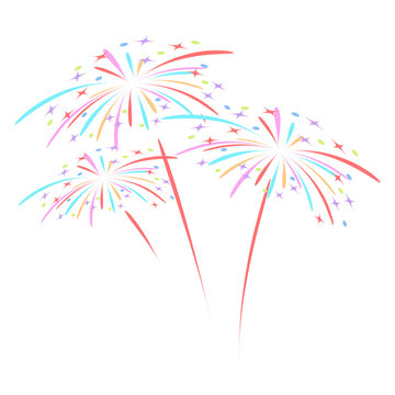 Fireworks rocket explodes in colored stars. Design element on isolated white background. Abstract vector illustration.