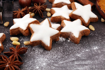 Obraz na płótnie Canvas Baking christmas cookies. Typical cinnamon stars bakery