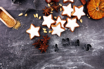Baking christmas cookies. Typical cinnamon stars bakery
