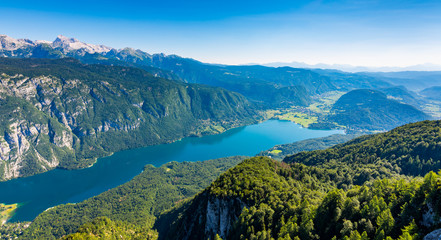 Aerial view of Bohinj lake from Vogel cable car station. Mountains of Slovenia in Triglav national...